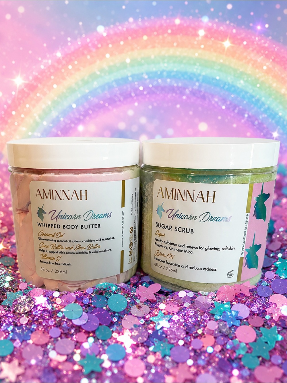 AMINNAH Unicorn Dreams Whipped Body Butter & Sugar Scrub Set